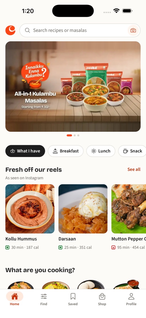 The Cookd app's home screen, showing recipes and Cookd masalas
